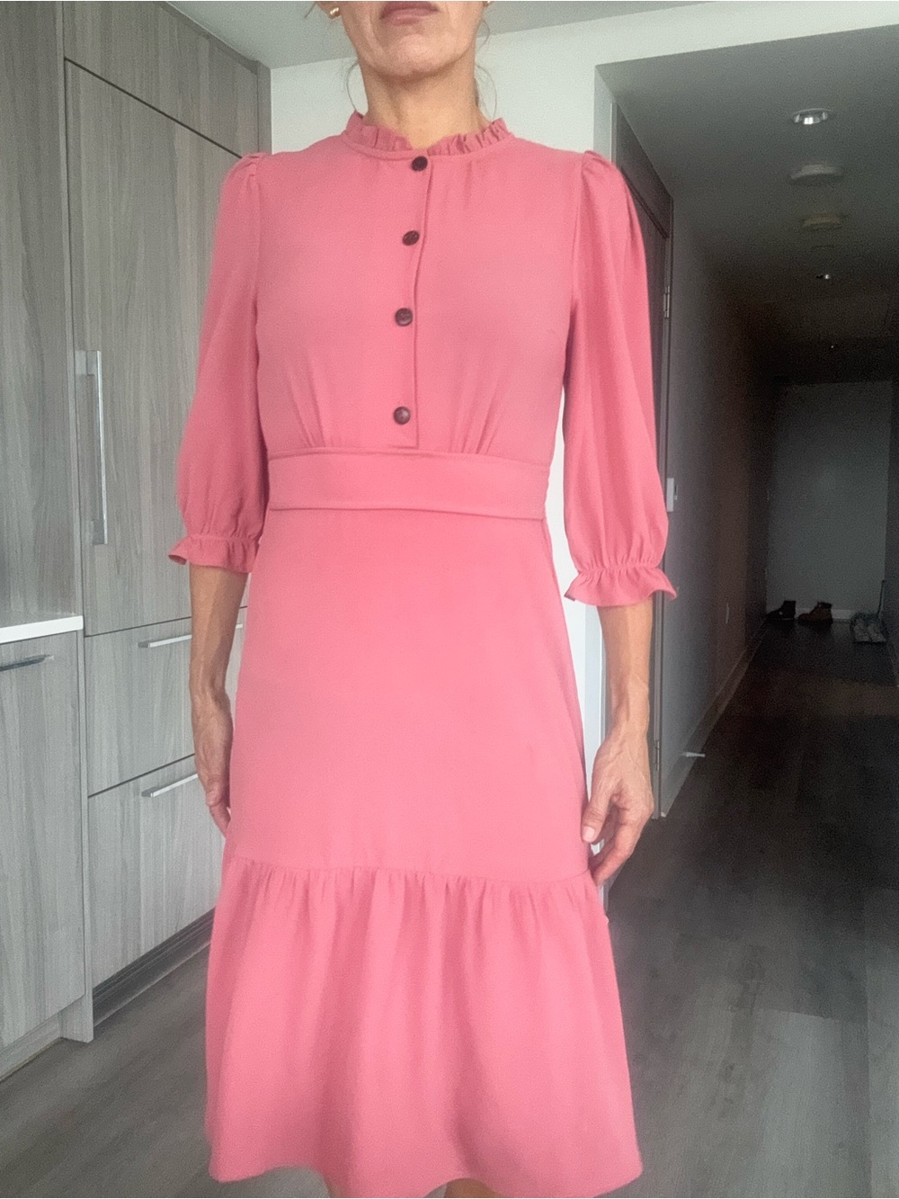 Monteau Rose-Pink Ruffle-Neck Midi Dress